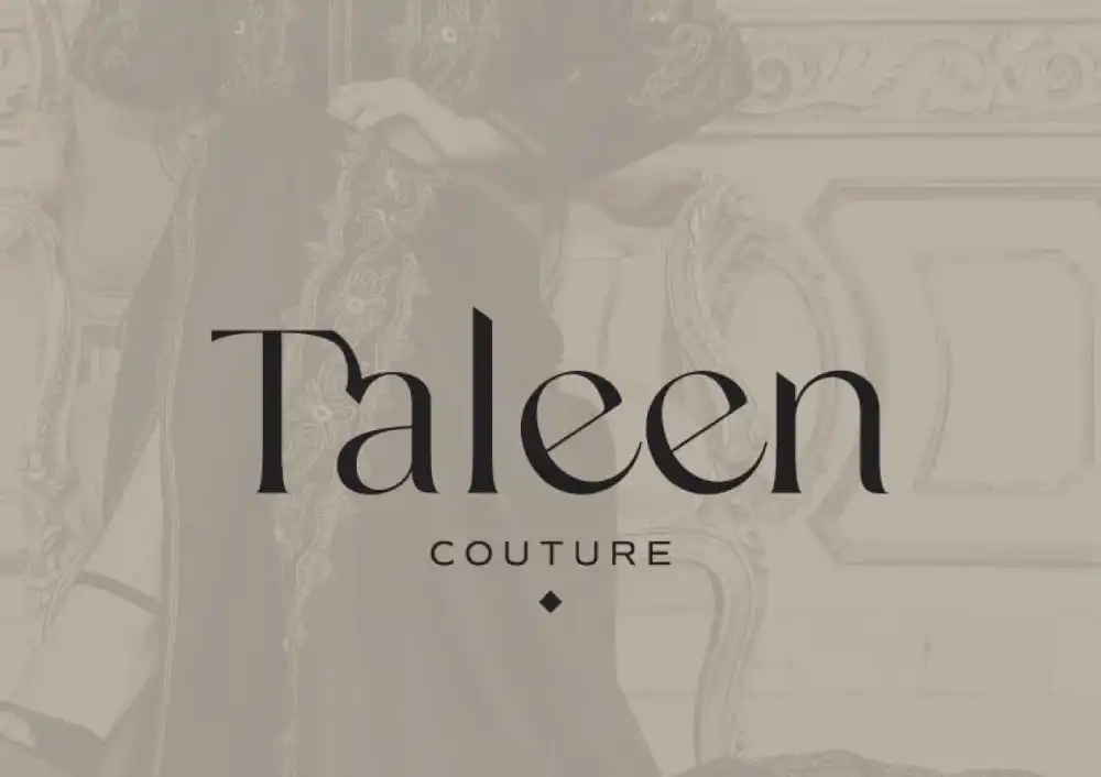 Taleen Couture logo on a beige background with subtle details of a caftan.