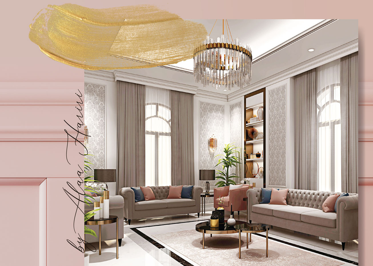 Elegant living room design by Alaa Hariri Architects showcasing web design and web development influence, with a sophisticated social media strategy.