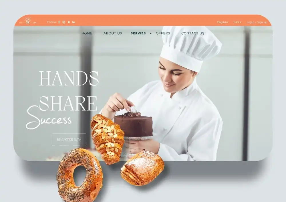 Welcome to AREEJ ALWRD, where we believe that "HANDS SHARE Success." This vibrant image showcases a skilled baker passionately decorating a chocolate cake, embodying the art of baking. Surrounded by a selection of delectable pastries, including a bagel, a croissant, and a pastry, AREEJ ALWRD invites you to embark on a culinary adventure. Our services are designed to empower aspiring bakers and culinary enthusiasts alike, providing the skills and knowledge to create delightful baked goods. Register now and become part of our baking community at AREEJ ALWRD! AREEJ ALWRD A professional female baker in a chef's hat carefully decorates a chocolate cake, accompanied by an assortment of pastries including a bagel, croissant, and a pastry, with the text "HANDS SHARE Success" prominently displayed.