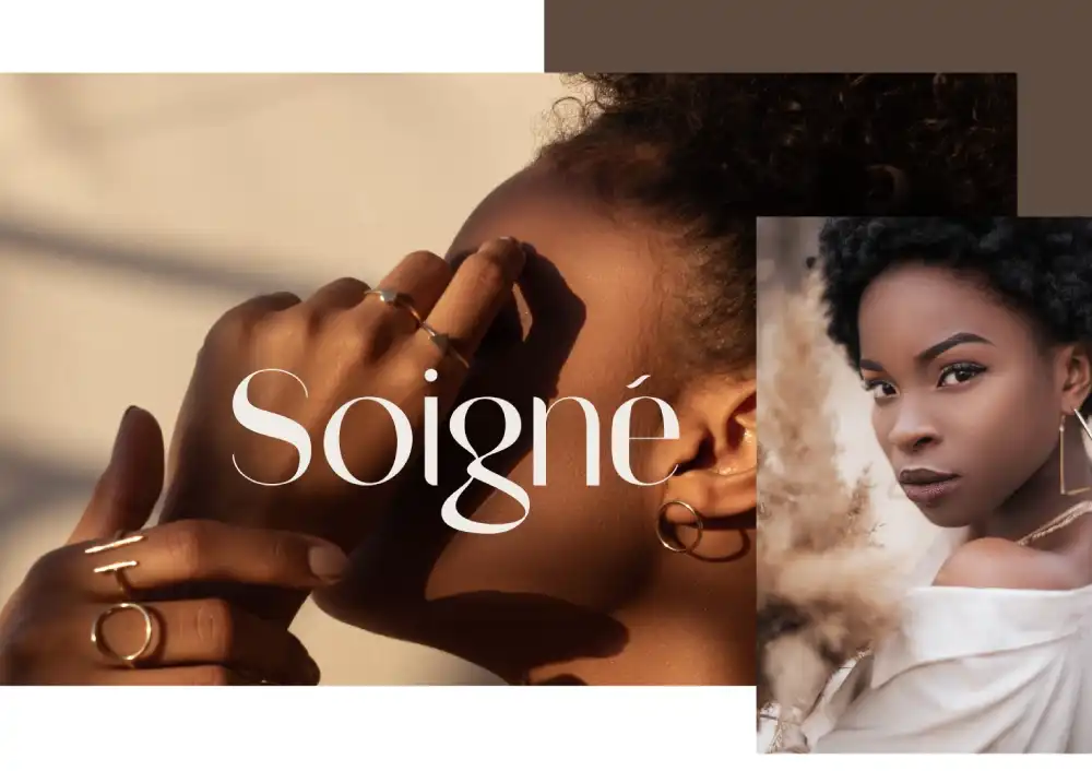 Two images of a woman featuring Soigné brand, showcasing minimalist jewelry and a natural, elegant look.