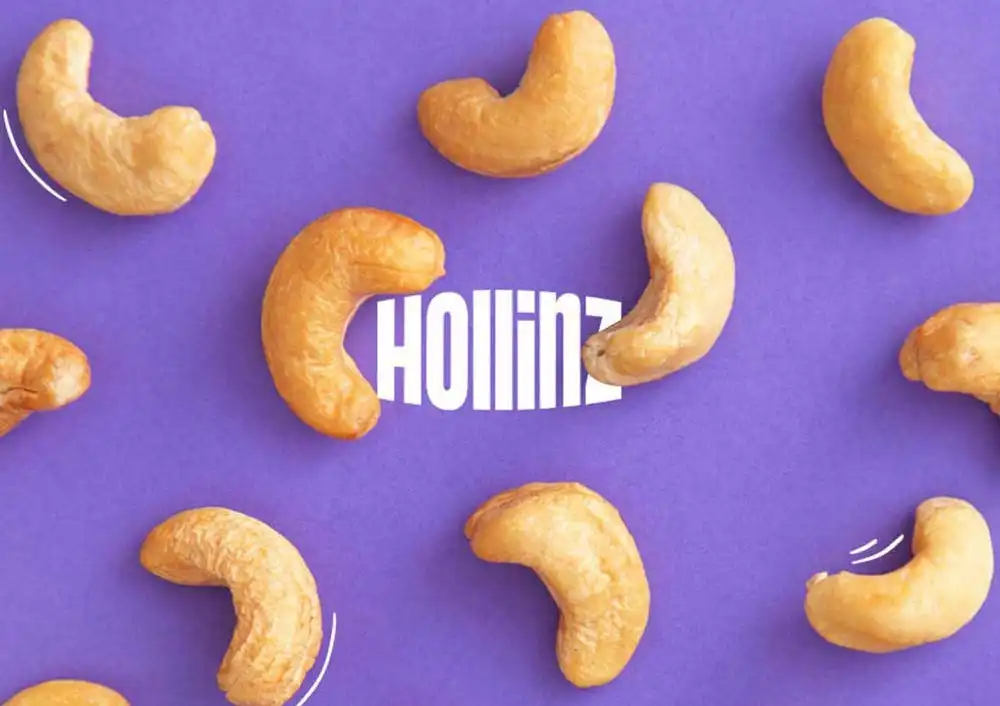 Hollinz brand logo surrounded by cashew nuts on a purple background