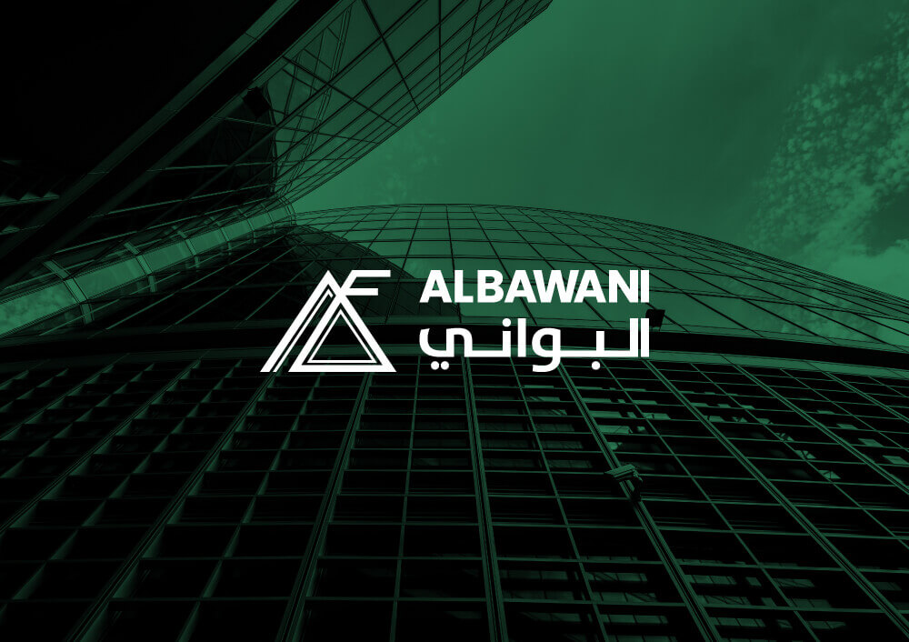 Albawani logo on a corporate building background, designed by a leading corporate branding agency and branding company in Saudi Arabia.