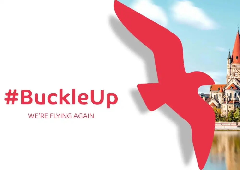 Air Arabia, alArabia campaign banner with #BuckleUp and We're Flying Again text