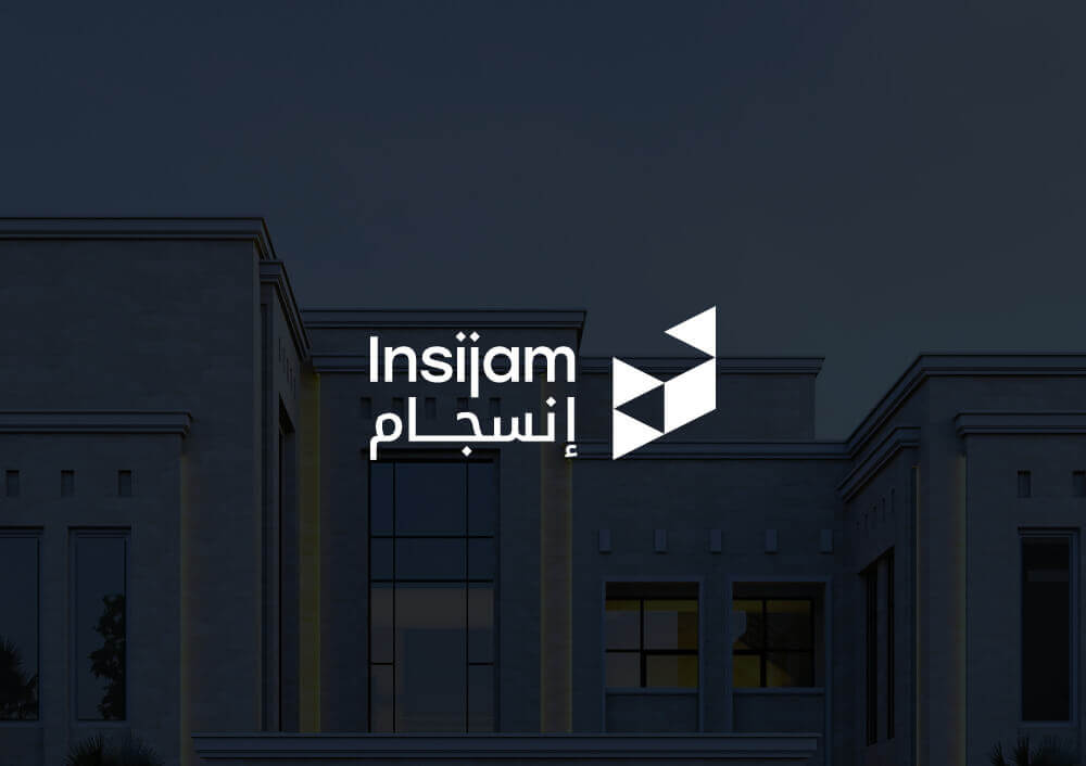 Insijam Architects logo on a modern building backdrop, showcasing their expertise in architecture and design through a Custom Website.